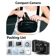 Keculbo Digital Camera, 4K UHD Video, 64MP Photos, 18x Digital Zoom, Autofocus, 3-Inch Flip Screen, Black, Includes 32GB Micro SD Card, DC060-NBUS06