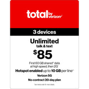 Total by Verizon (formerly Total Wireless) $85 Unlimited 30-Day 3 Lines Prepaid Plan (60GB Shared Data at High Speeds, then 2G)