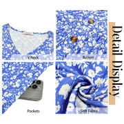 Fantaslook Blue Floral Long Sleeve V Neck A-Line Midi Dress with Pockets for Women
