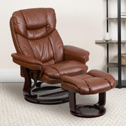 Flash Furniture BT7821VIN Contemporary Brown Leather Recliner and Curved Ottoman with Swiveling Mahogany Wood Base