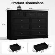 IDEALSOUL Black 9 Drawer Dresser, Retro Wood Storage Cabinet with Round Bronze Handles, Spacious Combo Design for Bedroom, Living Room, Hallway