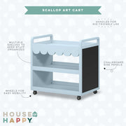 House of Happy Scallop Art Cart, Blue - Three Shelves, Dual Chalkboard Sides, Locking Metal Casters