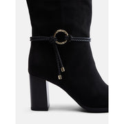 Scenario Women's Buckle Tall Dress Boots, Black, Knee-High, Mid 3.11-Inch Block Heel, Zip Closure
