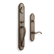 Signature Hardware 441544 Traeger Solid Brass Hammered Style Full Plate Dummy Door Handleset with Interior Knob, Satin Brass