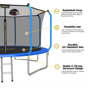 Mersco 14FT Outdoor Trampoline with Safety Enclosure Net, Basketball Hoop, Detachable Ladder, Heavy-Duty Galvanized Steel Frame, Blue