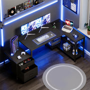Casacomoda 55in L-Shaped Office Desk with Built-in Power Outlets, File Cabinet, Storage Shelf, CPU Holder, Black