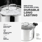 Gotham Steel 8 Qt Stainless Steel Multipurpose Pasta Pot with Built-In Strainer Lid, Twist and Lock Handles, Induction Compatible, Dishwasher Safe, 6612