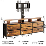 GUNAITO TV Stand with Adjustable Mount for TVs up to 75 Inches, Rustic Brown, 7 Fabric Drawers