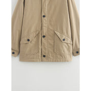 ScarletteEmmy Mid-Length Oversized Canvas Jacket for Women, Khaki, Contrast Corduroy Collar, Loose Fit Utility Coat, Lightweight Casual Outerwear