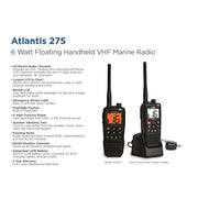Uniden Atlantis 275 Floating Handheld VHF Marine Radio, IPX8 Submersible Waterproof, Large Dual-Color Backlit Screen, 6-Watt, All USA International Canadian Channels, NOAA Weather Alerts