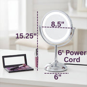 Jerdon Lighted Tabletop Mirror with 10X and 1X Magnification, Adjustable LED Lighting, Chrome Finish, 8.5-Inch Diameter, 16-Inch Tall JS8510BC