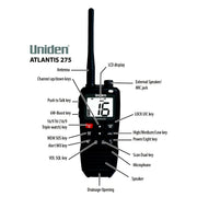 Uniden Atlantis 275 Floating Handheld VHF Marine Radio, IPX8 Submersible Waterproof, Large Dual-Color Backlit Screen, 6-Watt, All USA International Canadian Channels, NOAA Weather Alerts