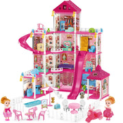MOJINO Pink 12-Room 4-Story Dollhouse Playset with Furniture, Dolls Figures, Colorful LED Lights, Slide and Pool for Girls Ages 3+