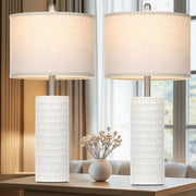Cinkeda Table Lamps Set of 2, 27 in Tall, White Ceramic Base with Geometric Pattern, Soft White Linen Shades, Energy-Efficient LED Bulbs Included