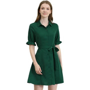Unique Bargains 1EFNUC7V9L49 Women's Casual Shirt Dress, 100% Cotton, Tie Waist, Short Ruffled Sleeves, Dark Green