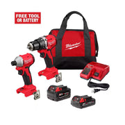 Milwaukee 3693-22CX M18 18-Volt Lithium-Ion Brushless Cordless Compact Hammer Drill/Impact Combo Kit (2-Tool) with (2) Batteries, Bag