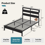 Bestier Queen Size Platform Bed Frame with Storage Headboard, LED RGB Lights, USB Charging Station, Metal, Black