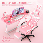 Soontrans Pink Gaming Chair with Footrest, Ergonomic Office Chair with Lumbar Pillow and Adjustable Headrest, 360 Swivel, Reclining Backrest, Pink and White