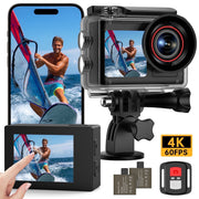 AC1 Action Camera, 4K UHD 60FPS, 30MP, Dual Front and Rear Screens, Waterproof 132FT, Electronic Image Stabilization, 64GB Card, Dual Batteries, Mounting Kit