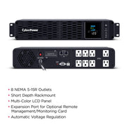 CyberPower CP1500PFCRM2U Rackmount UPS, 1500VA/1000W, PFC Sine Wave Output, Automatic Voltage Regulation, 8 NEMA 5-15R Outlets, Multifunction LCD, Black