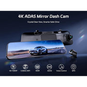 Pelsee 12 in 4K Mirror Dash Cam with Dual Channel 4K Front and 1080P Rear Cameras, ADAS and Blind Spot Detection, 5.8GHz WiFi, Voice Control, GPS Tracking, Color Night Vision, Includes 32GB Memory Card WM12Pro