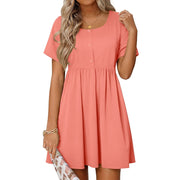 MOSHU Women's Casual Summer Dress, Crewneck, Short Sleeve, A-Line Midi Sundress with Pockets and Button Front