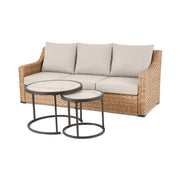 Better Homes & Gardens River Oaks Outdoor Sofa Set with 2 Nesting Tables, Beige Wicker, Galvanized Steel Frame, Marble Tile Tops, Patio Cover