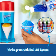 Nostalgia Kool-Aid Snow Cone Maker, Electric Ice Shaver with 64-Ounce Capacity, Safety Push-Down Handle, 4 Reusable Cones, Ice Scoop, Side Shelves, Red White Blue
