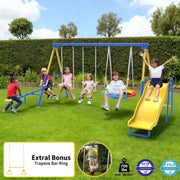 Fashionsport Outfitters Metal Swing Set, 5-in-1 Outdoor Playground with Double Wall Slide, Flying Saucer, Teeter-Totter, Two Person Swings, Trapeze Bar, Yellow