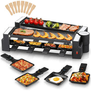 Fohere DR-995M Electric Indoor Raclette Table Grill, 1400W, Flexible Rotating Design, Reversible Nonstick Plate, Black, Serves 8, Includes 8 Warming Trays