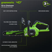 Greenworks 40V Cordless Chainsaw, 12-Inch Bar, 2.0Ah Battery and Charger, Low Kickback Safety Chain, Lightweight