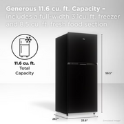 TCL TRT12T4AB 11.6 Cu Ft Counter-Depth Refrigerator with Freezer, Black, Adjustable Glass Shelves, Humidity-Controlled Crisper, Reversible Door Hinges, TRT12T4AB