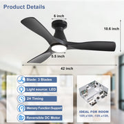 Depuley 42-Inch Low Profile Flush Mount Ceiling Fan with Dimmable LED Light, Black 3-Blade, Remote Control, Ultra Quiet DC Motor, Timer, Indoor Outdoor