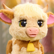 Just Play FurReal Maggie Feed & Follow Cow, 11 Inch Interactive Plush Mini Highland Cow, Reddish-Orange with Blue Collar