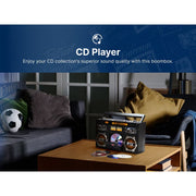 Emerson Retro Portable CD Boombox with Bluetooth, AM/FM Radio, AUX Input, Rechargeable Battery, Black, EPB-3004