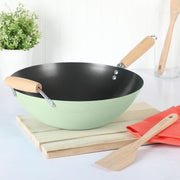 Martha Stewart Everyday Clarkston 14-Inch Sage Carbon Steel Wok with Nonstick Interior and Beech Wood Handles