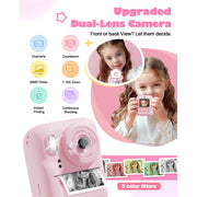 Seckton Dual-Lens Instant Print Camera for Kids, 48MP Photos, 1080P Video, Thermal Printing, Pink, 1300mAh Battery