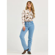 Wrangler Retro Bold Bucking Cowboy Western Snap Shirt for Ladies Cream/Brown M