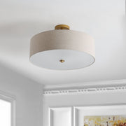 Safavieh Jolana 3-Light Flush Mount Ceiling Light, Gold Painted Iron Frame, Oatmeal Cotton Fabric Shade, 20 in, FLU4069A