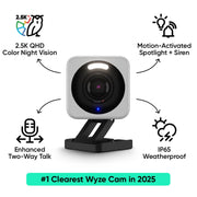 Wyze Cam v4 Smart Home Security Camera, 2.5K QHD, Enhanced Color Night Vision, Motion-Activated Spotlight and Siren, IP65 Weather Resistant, Wired, Gray
