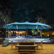 Patbrela 15ft Double Sided Rectangular Patio Umbrella with Solar LED Lights, Crank Handle, Blue Aluminum Alloy Frame