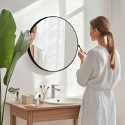 EDX Wall Round Mirror, 24in Black Aluminum Alloy Frame, Crystal Clear Reflection, Hanging Hooks