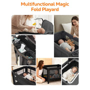 RUPOUN Baby Playards, Foldable Nursery Center Playpen and Toy Mobile, Portable Travel Bassinet, Locking Wheels, Gray