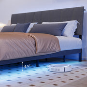 Neche Floating Upholstered Queen Platform Bed Frame with LED Lights, Charging Station, Hidden Storage, Gray