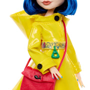 Mattel Monster High Skullector Coraline Doll with Yellow Raincoat, Movie-Inspired Accessories, Cat Figure, Rag Doll, Display Stand JHK65