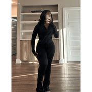 ZenithTrend Womens 2 Piece Outfit Set, Bodycon Long Sleeve Crop Top, High Waist Flared Pants, Stretchy Athletic Lounge Wear, Black