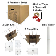 UBoxes Kitchen Moving Box Kit, 4 Small Boxes with Dish and Glass Foam Pouches, Dividers, Packing Paper, Tape, Dispenser, and Marker