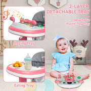 RICHYOUNG 5-in-1 Foldable Baby Walker with Music, Height Adjustable Push Walker, Car-Themed Toy, Pink
