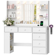 Ktaxon Lighted Makeup Vanity Table Set with 6 Drawers, Built-In Charging Station, Side Rack, White
