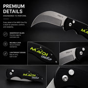 MADI OneFlip Lineman Pocket Knife, Hawkbill Curved Stainless Steel Blade, One-Hand Opening, Lockback, Reversible Belt Clip, PTOLK-1P